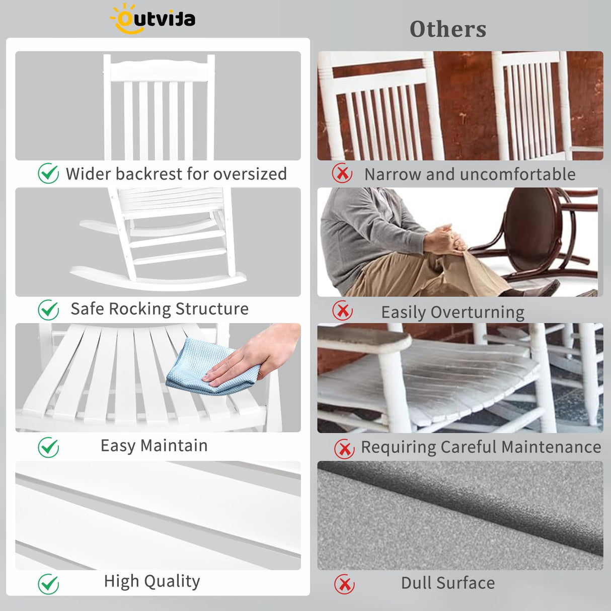 Outvita Outdoor Rocking Chair, Solid Wood High Back Rocker, All Weather Lounge Chair for Porch Patio Fire Pit Garden Backyard Deck Indoor, Wave Shape, White Outvita