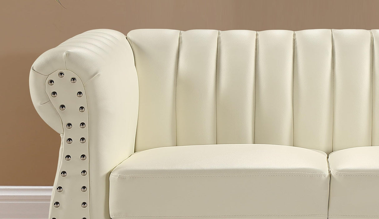 Container Furniture Direct Chesterfield-Inspired 77" Faux Leather Sofa with Elegant Design, Gourd Legs, and Sustainable Pleather Upholstery, 3 Seater Couch for Living Rooms and Offices, Cream White Container Furniture Direct