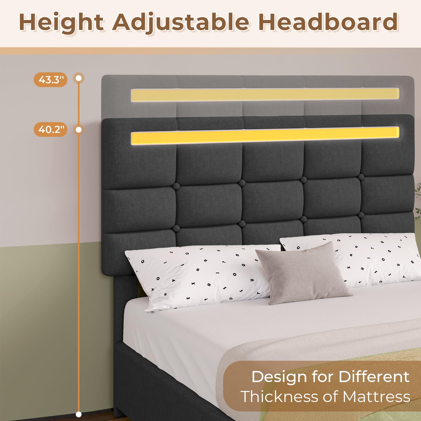 Upholstered Twin Bed Frame with LED Headboard and Storage Drawers - Dark Grey by ADORNEVE - WoodArtSupply