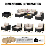 JOYURE 7 Pieces Patio Furniture Set All-Weather Outdoor Wicker Sectional Conversation Sofa Rattan Patio Seating Sofa with Cushion and Glass Table and Ottoman for Porch Poolside,Beige JOYURE