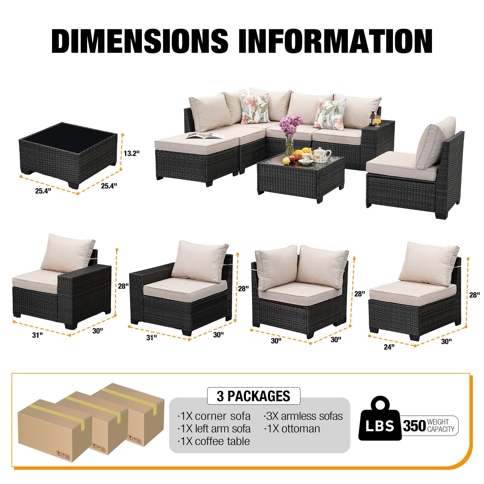 JOYURE 7 Pieces Patio Furniture Set All-Weather Outdoor Wicker Sectional Conversation Sofa Rattan Patio Seating Sofa with Cushion and Glass Table and Ottoman for Porch Poolside,Beige - WoodArtSupply