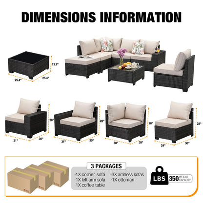 JOYURE 7 Pieces Patio Furniture Set All-Weather Outdoor Wicker Sectional Conversation Sofa Rattan Patio Seating Sofa with Cushion and Glass Table and Ottoman for Porch Poolside,Beige - WoodArtSupply