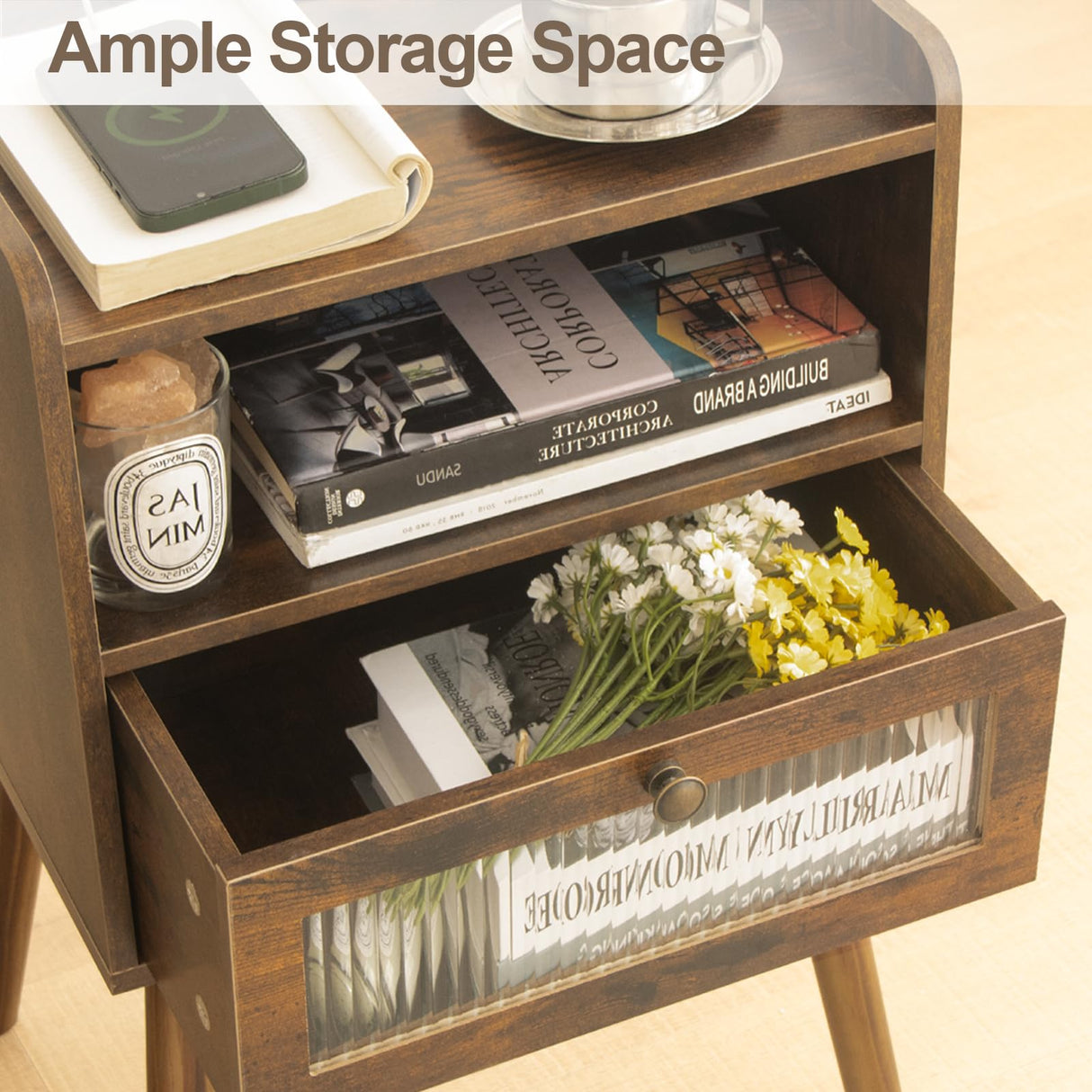 AWASEN Mid Century Night Stand with Charging Station, Wood Bedside Table with Glass Drawer, Small Modern Nightstand End Side Table with 2 Tiers Storage for Bedroom, Office(Rustic Brown) AWASEN