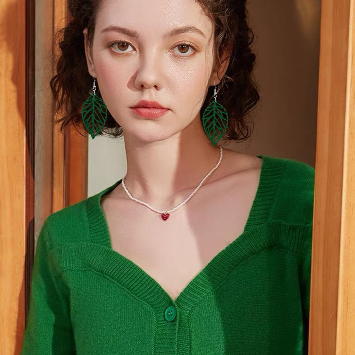 Handmade Bohemian Natural Wooden Leaf Dangle Drop Earrings Lightweight Vintage Hollow Feather Hook Earrings for Women Statement Boho Jewelry Gifts (Dark Green) SLSF