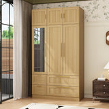 TAMUNE Wardrobe Closet with Mirror, 3 Door Wardrobe with Hanging Rod, 4 Drawers, Shelves, Modern Bedroom Armoire with Gold Handle, Oak Clothes Cabinet, 20.5”D x 47”W x 86.7”H TAMUNE