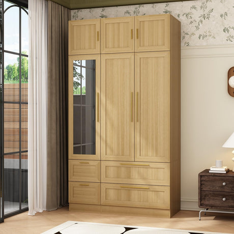 TAMUNE Wardrobe Closet with Mirror, 3 Door Wardrobe with Hanging Rod, 4 Drawers, Shelves, Modern Bedroom Armoire with Gold Handle, Oak Clothes Cabinet, 20.5”D x 47”W x 86.7”H TAMUNE