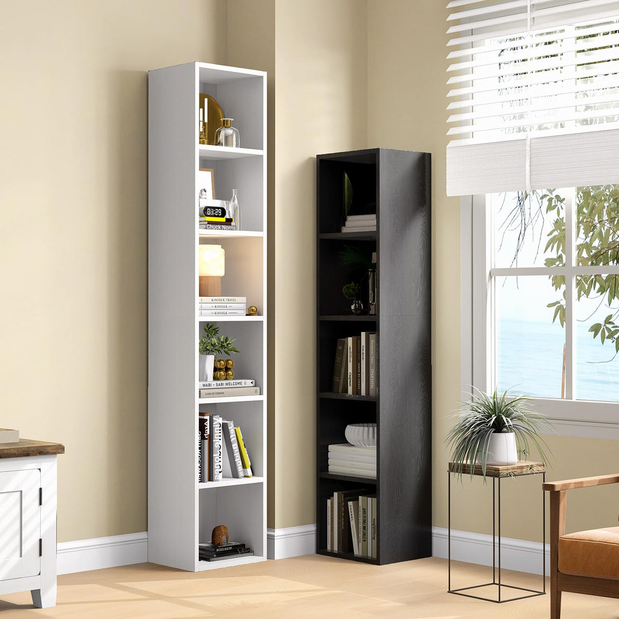 MXV Narrow Bookshelf, 6-Tier Open Bookcase, Coner Shelf, Storage Shelves, Display Storage Shelves, Floor Standing Unit, Home Decor, Furniture for Home Office, Living Room, Bedroom, White MXV