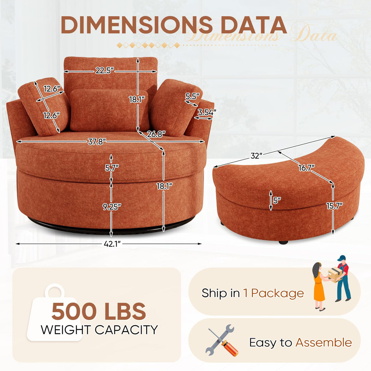 JEEOHEY Oversized Swivel Accent Chair with Half Moon Storage Ottoman, 42" W Chenille Round Swivel Barrel Chair, Modern Upholstered Comfy Single Sofa Armchair for Living Room, Bedroom, Club(Orange) JEEOHEY