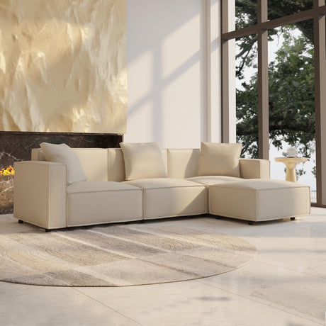 Acanva Luxury Modular Sectional Living Room Sofa Set, Modern Minimalist Style Couch with Ottoman and Chaise, L-Shape, Vegan Leather Cream Acanva