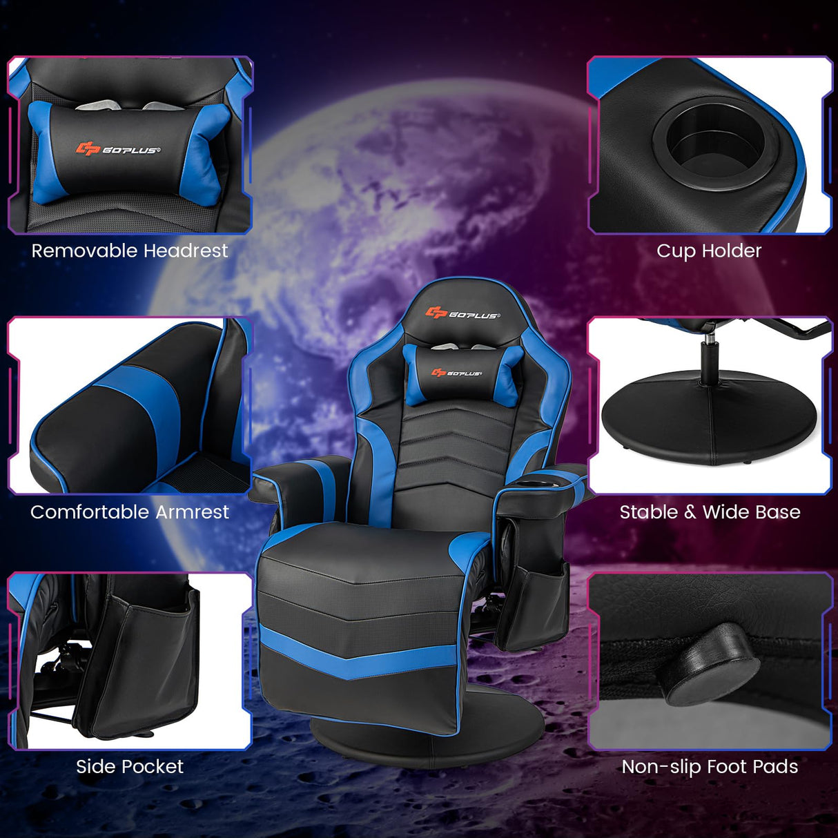 Goplus Gaming Chair, Height Adjustable Massage Video Game Chair with Retractable Footrest, Cup Holder, Headrest, Swivel Office Chair, Racing Style Swivel Gamer Chair (Blue) Goplus
