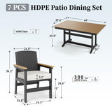 7 Piece HDPE Outdoor Dining Set for 6, 64” All Weather Wood-grain Dining Table, 6 Wicker Rattan Chairs with 3.2” Waterproof Cushion, Patio Table and Chairs Set for Backyard and Deck, Black SUNSHINE VALLEY