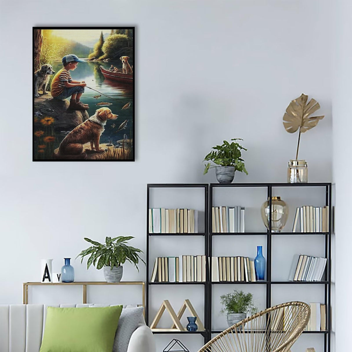 Champi Diamond Painting Kit for Adults, Fishing Boy & Dog 5D Diamond Art Kit, Diamond Painting Kit Full Diamond Round Gift, Wall Decor 8x12 Inch Champi