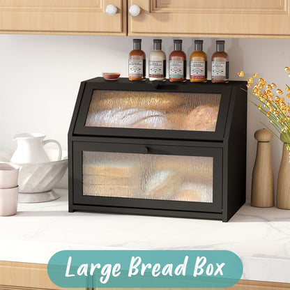 Vriccc Large Bread Box for Kitchen Counter, Bamboo Wood Bread Box, Large Double-layer Bread Storage Bin, Acrylic Door with Tree Pattern (Black)