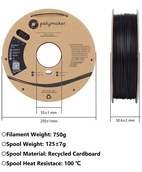 Polymaker Polymax Tough PLA 3D Printer Filament 1.75mm 0.75kg Black, PolyMax 3D Printing PLA Filament Black, Tougher Than PLA+ 3D Filament, High Impact Strength for Functional Application POLYMAKER
