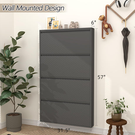 GREATMEET Black Shoe Cabinet Storage for Entryway, Narrow Shoe Cabinet for Entryway Slim, Wall Mounted Metal Hidden Shoe Organizer with 4 Flip Drawers GREATMEET