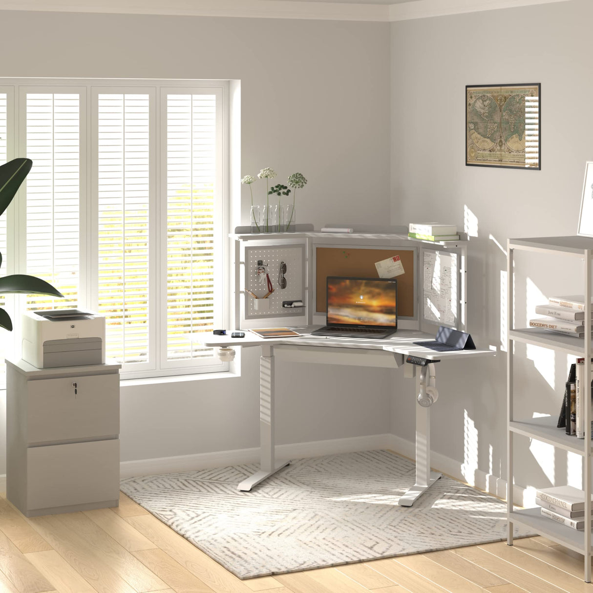 kowo L Shaped Height Adjustable Electric Standing Desk with USB C Hub & Wireless Charger, Sit Stand Corner Desk, Memory Settings, Stand Up Computer Desk Adjustable Table, White kowo