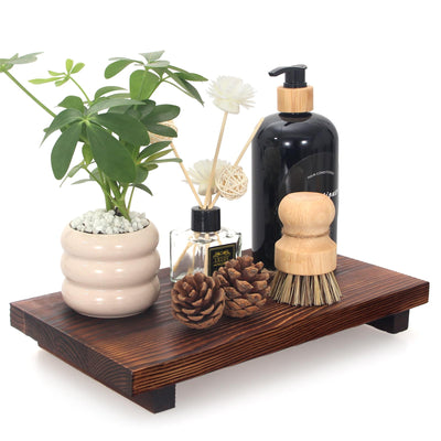 Farmhouse Bathroom Vanity Tray Wood Pedestal Stand Kitchen Countertop Trays Decorative Wooden Risers Dish Soap Dispenser Holder for Kitchen Counter Decor Modern Bathroom Sink Organizer Accessories