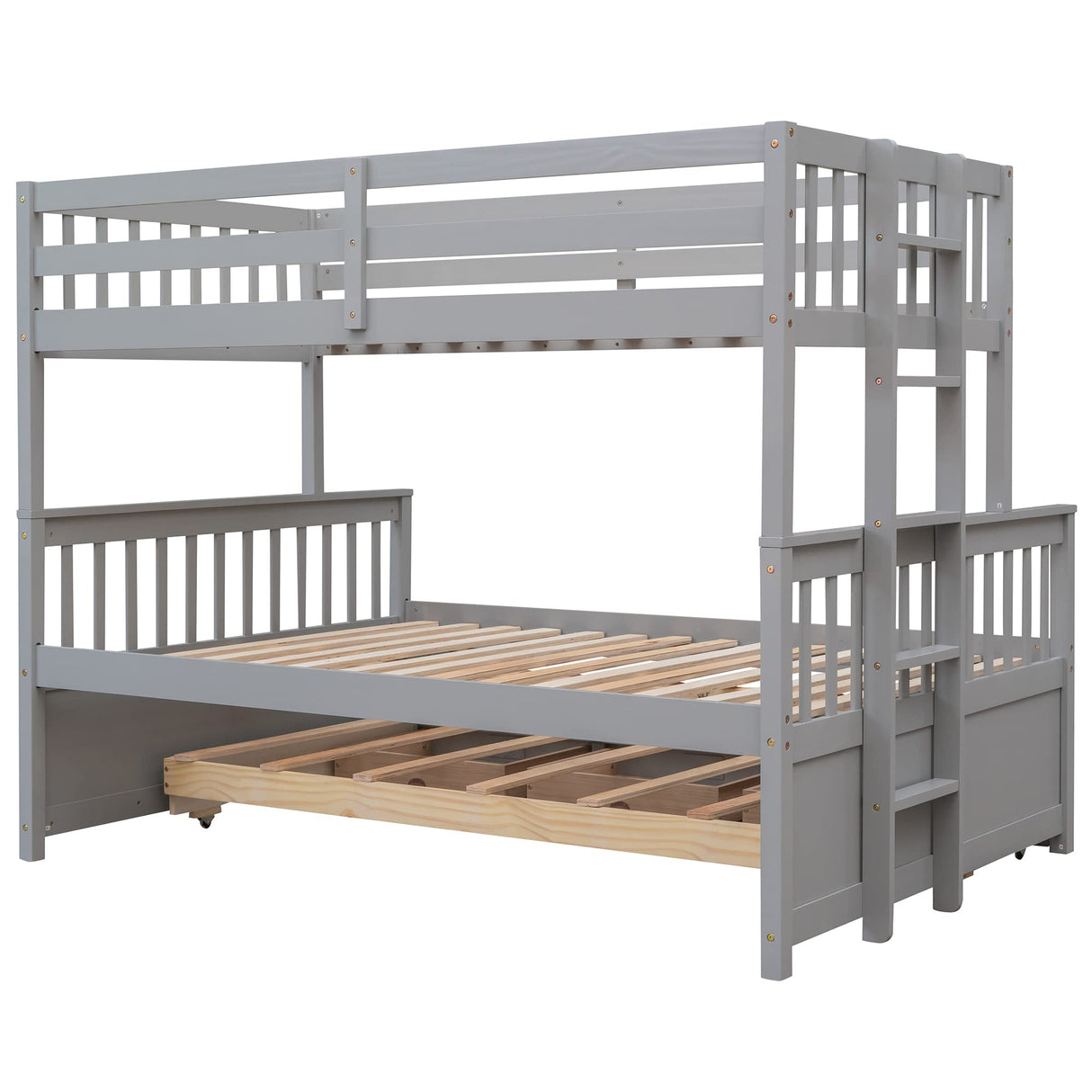 Ball & Cast Twin-Over-Full Bunk Bed with Twin-Size Trundle and Drawers,Separable Wood Bunkbed w/Full-Length Guard Rail & Slat Support,Space Saving,Bedroom Furniture for Student Dorms,Studio,Gray Ball & Cast
