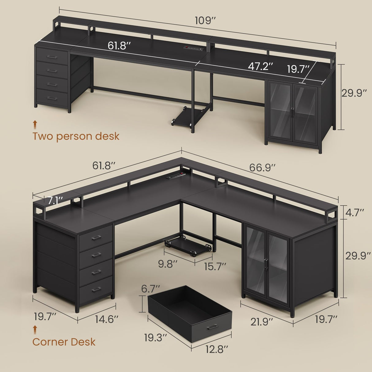 SEDETA L Shaped Gaming Desk with 4 Drawers, 109” Computer Desk with Display Cabinet, Home Office Desks with 2 Monitor Stands, CPU Stand, LED Lights and Power Outlet, Black SEDETA