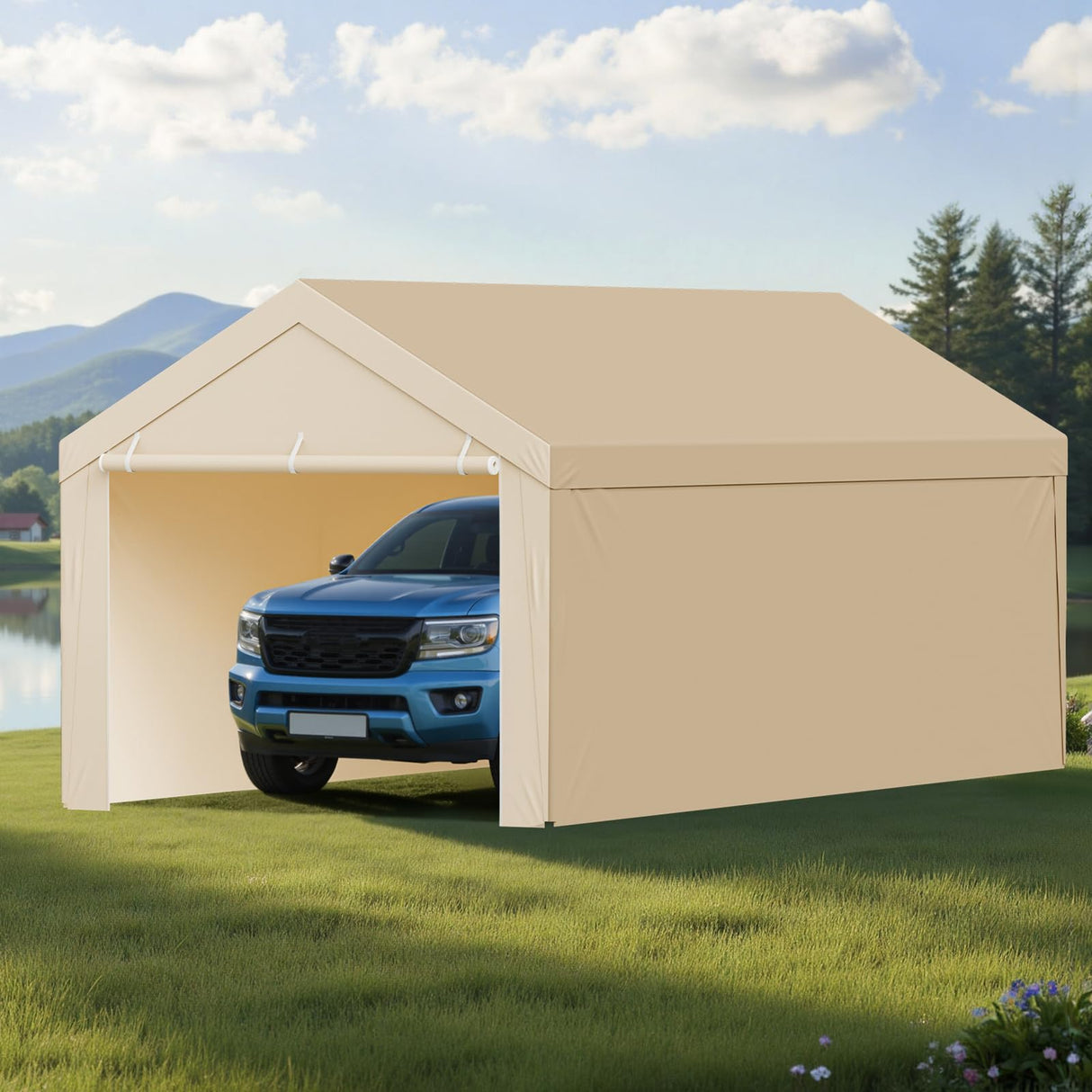 VEVOR Carport Replacement Canopy, 10 x 20 ft Potable Garage Tent Top Tarp with Sidewalls, UV-Resistant & Waterproof, Heavy Duty Car Shelter Tarp with Ball Buggees, Beige, Frame Not Included VEVOR