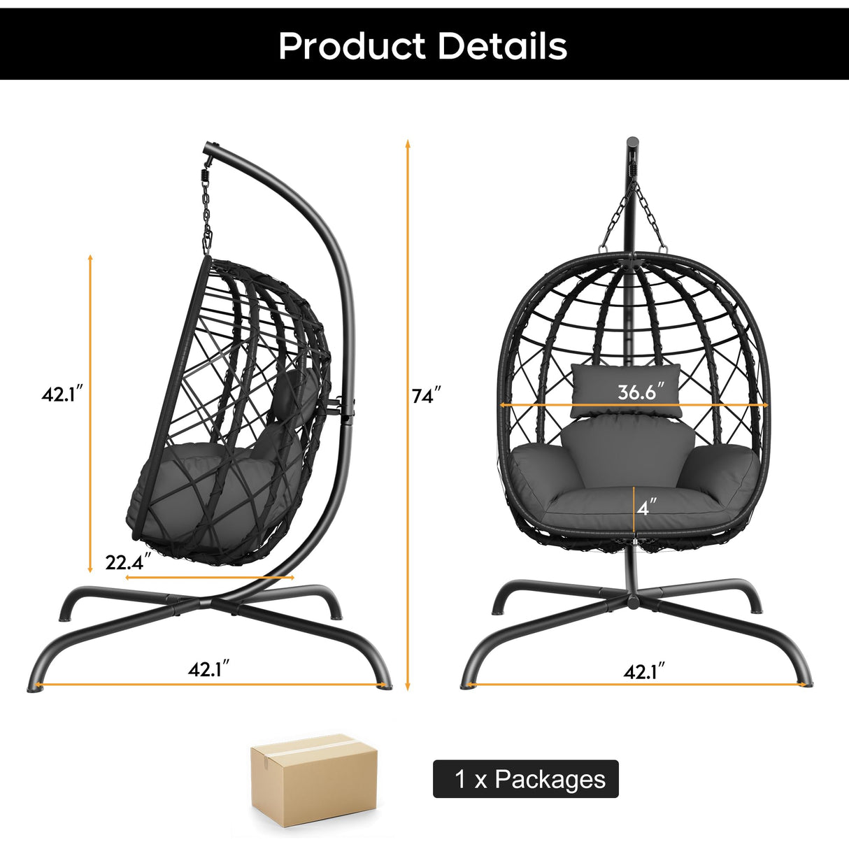 TerraVoy Hanging Egg Chair with Stand, Outdoor Swing Egg Chair, 350 LBS Capacity All-Weather PE Wicker Swing Chair with Waterproof Cushions TerraVoy