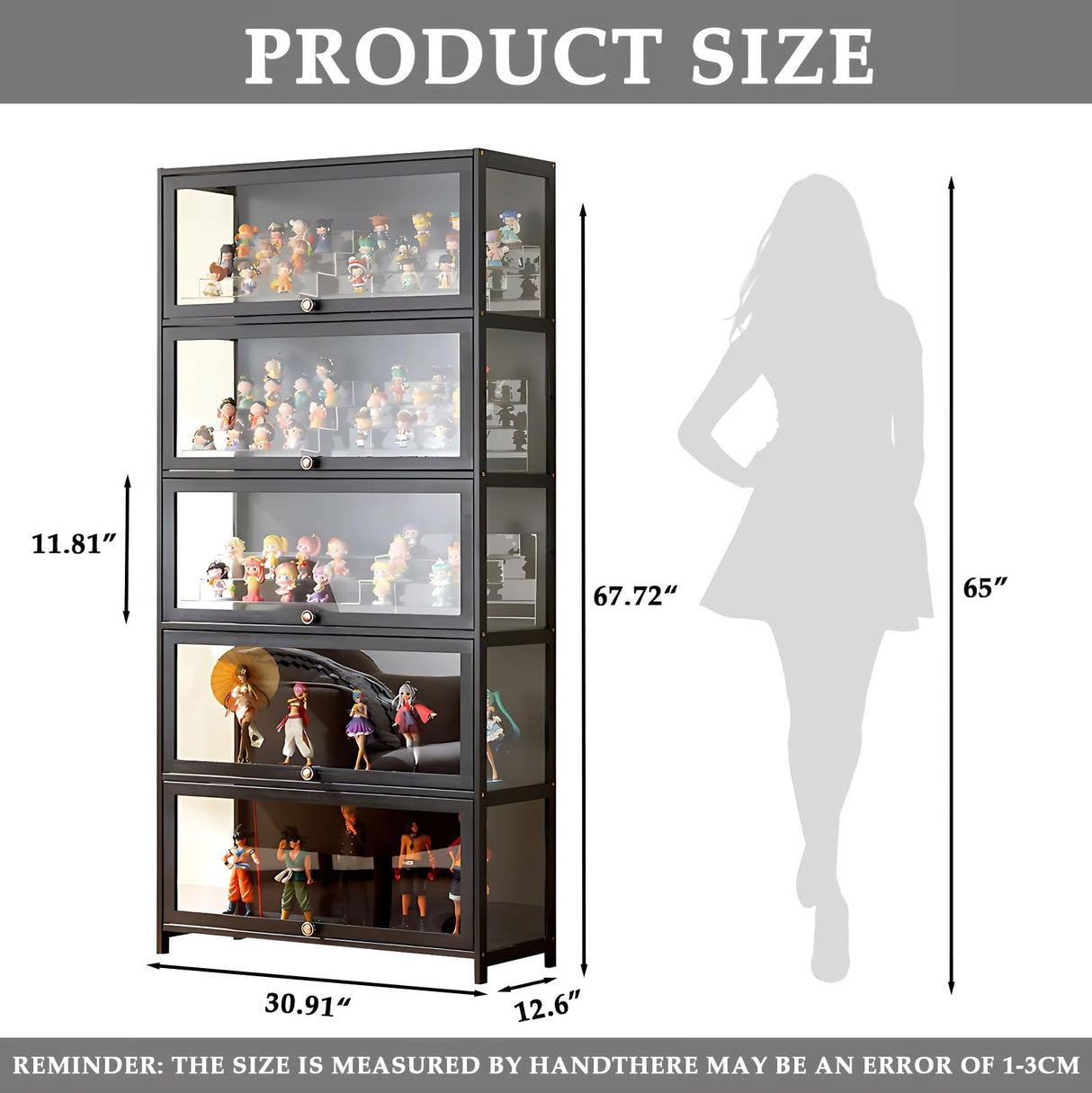 Orixal Display Cabinet with Acrylic Glass Doors, 5-Tier Transparent Bamboo Curio Display Case for Figures, Display Shelves for Collectibles & Kids Bookcase for Home, Office, Playroom, Living Room Orixal