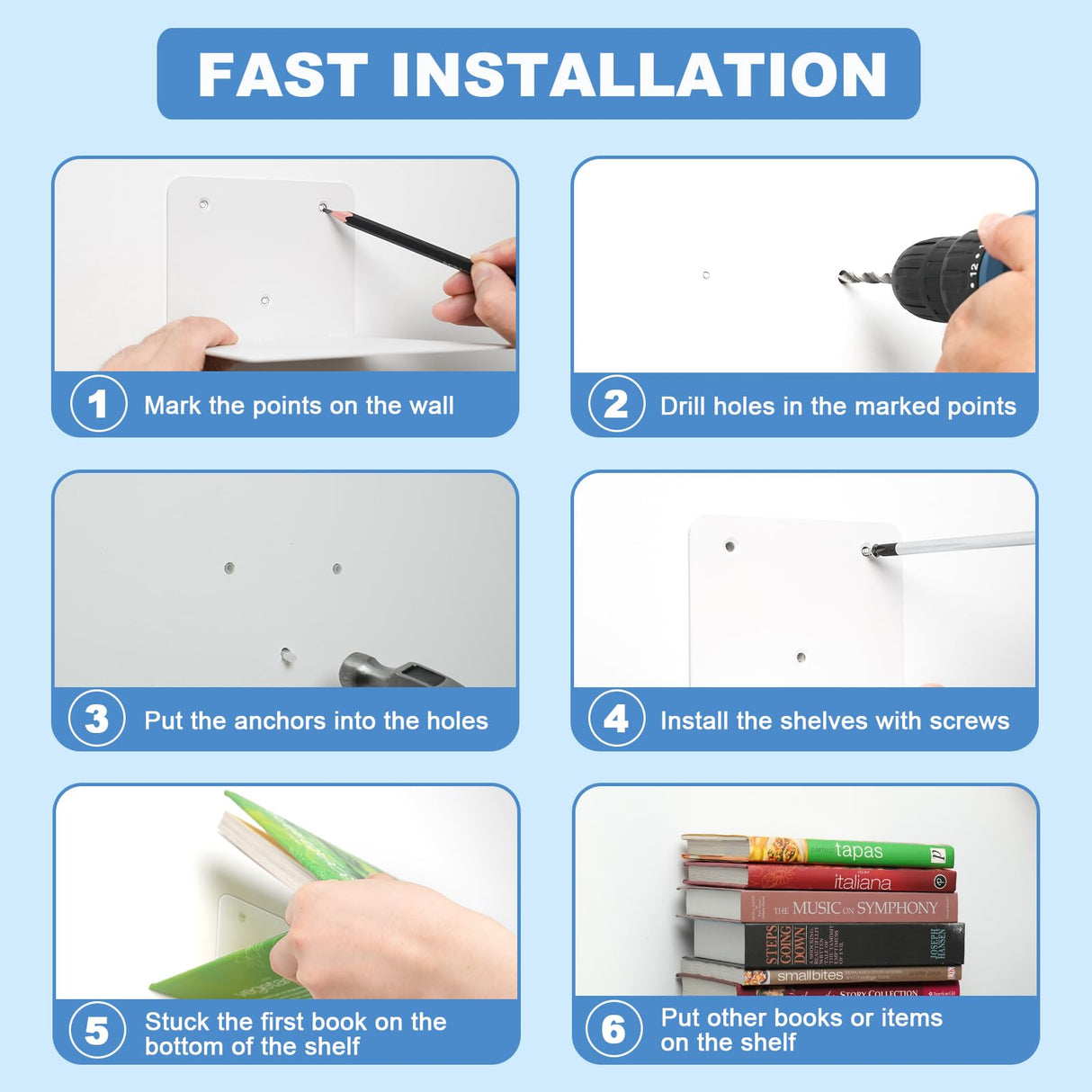 Fentec Invisible Floating Bookshelf, Wall Mounted Floating Bookshelves Heavy-Duty Book Organizers Hidden Book Shelf Metal Shelves Holder for Books Storage Bedroom Living Room Home Office, 4-Pack White FENTEC