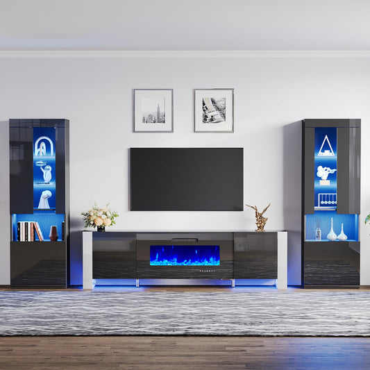 AMERLIFE 80" Modern Fireplace TV Stand with 40" Electric Fireplace & 2 Large Storage LED Bookcases, 3 Piece Living Room Entertainment Center Set for TVs Up to 90in, All Black