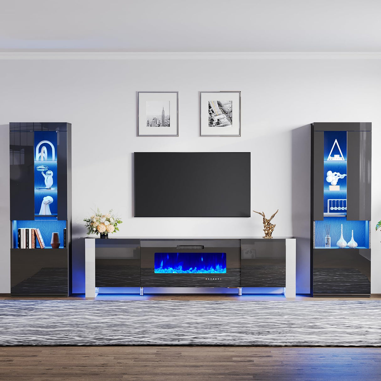 AMERLIFE 70" Modern Fireplace TV Stand with 36" Electric Fireplace & 2 Large Storage LED Bookcases, 3 Piece Living Room Entertainment Center Set for TVs Up to 80in, All Black AMERLIFE