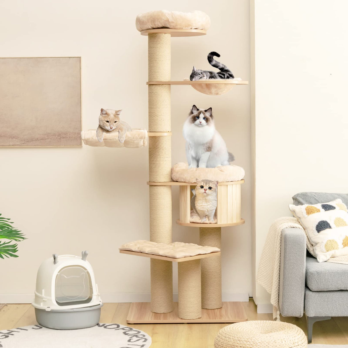 Tangkula Large Cat Tree Tower, Multi-Level Tall Cat Tree with Sisal Posts, Hammocks, Hanging Basket, and Cat Condo, Washable Cushions, Modern Cat Tree for Indoor Cats Large Adult Tangkula