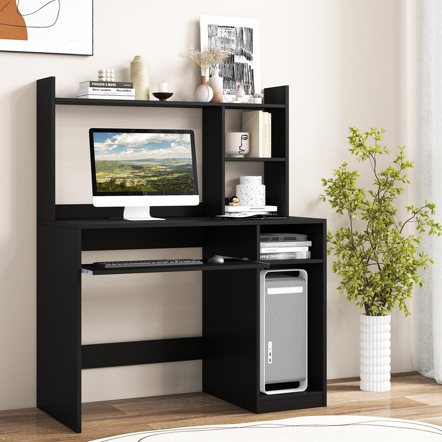 Tangkula Modern Computer Desk with Hutch, Charging Station & Storage Solutions for Home Office - WoodArtSupply