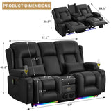 URRED Power Reclining Loveseat Sofa with Console, RV Couch Loveseat Recliner Sofa with Massage & Heat, LED Light, Cupholders, Bluetooth Speakers, USB Charge Ports, Outlets, Faux Leather, Black URRED