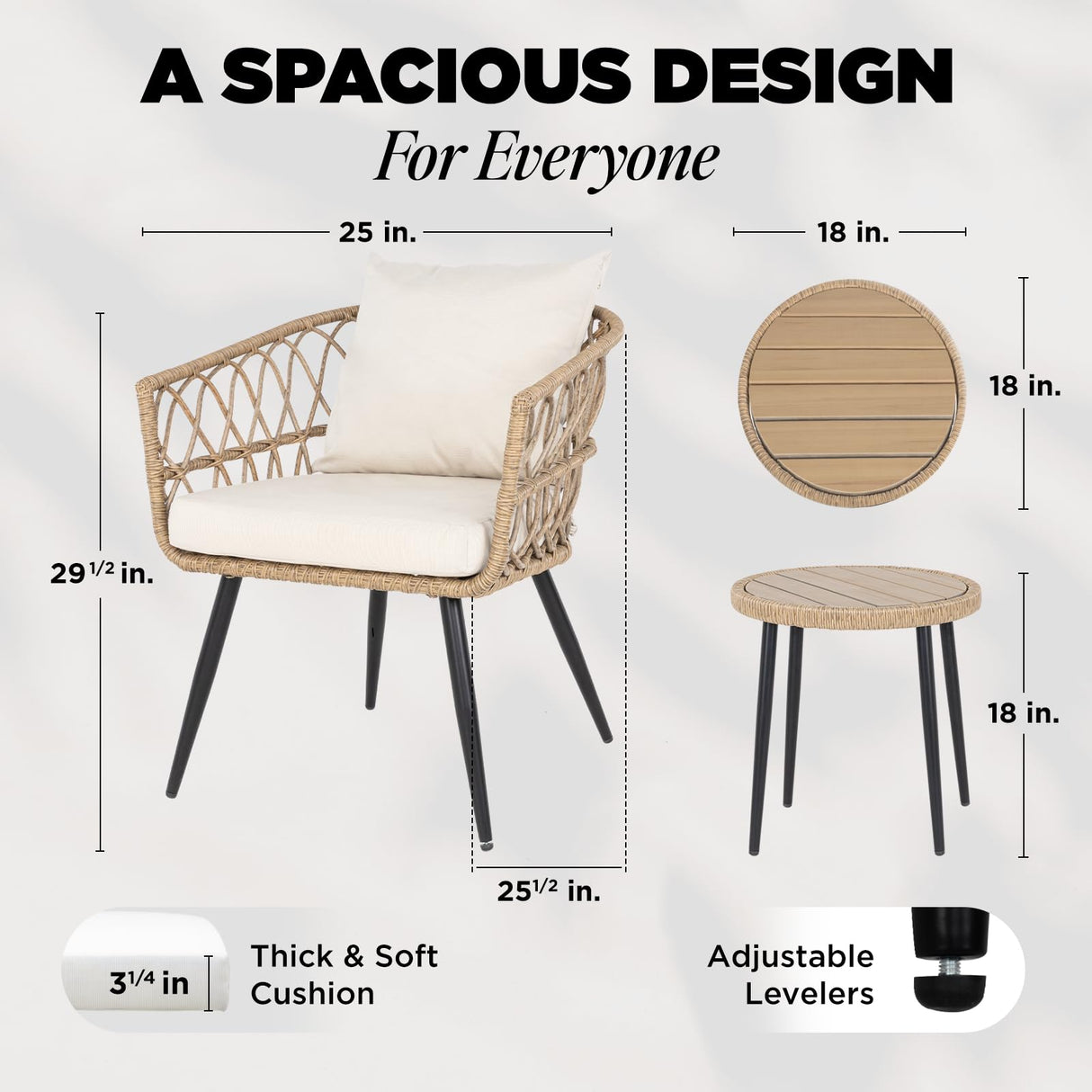 IDZO Heavy Duty 500lbs Weight Capacity Wicker Bistro Table and Chairs Set of 2 with Olefin Fabric Soft Cushions IDZO