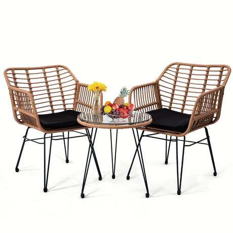 KROFEM 3 Pieces Wicker Patio Bistro Furniture Set, includes 2 Chairs and Glass Top Table, Ideal for Porch, Outdoor, Backyard, Apartment, Balcony Natural Color KROFEM