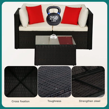 5 Pieces Rattan Patio Furniture Sets Patio Sofa Wicker Sectional Sofa Modular Outdoor Conversation Sofa Set with 2 Red Pillow 2 Corner Chairs Armless Chair Ottoman Chair Glass Table,Khaki Cushion PayLessHere