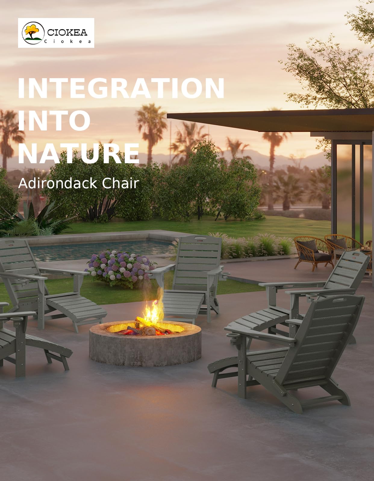 Ciokea Folding Adirondack Chair Fire Pit Chair Patio Adirondack Chair Weather Resistant with 2 Cup Holder Grey Adirondack Retractable Ottoman