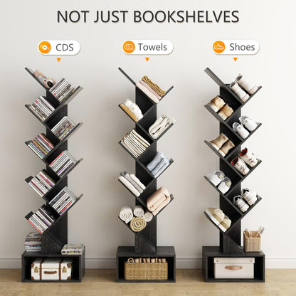 Tajsoon 9-Tier Black Tree Bookshelf with Drawer – Modern Home Storage Solution - WoodArtSupply