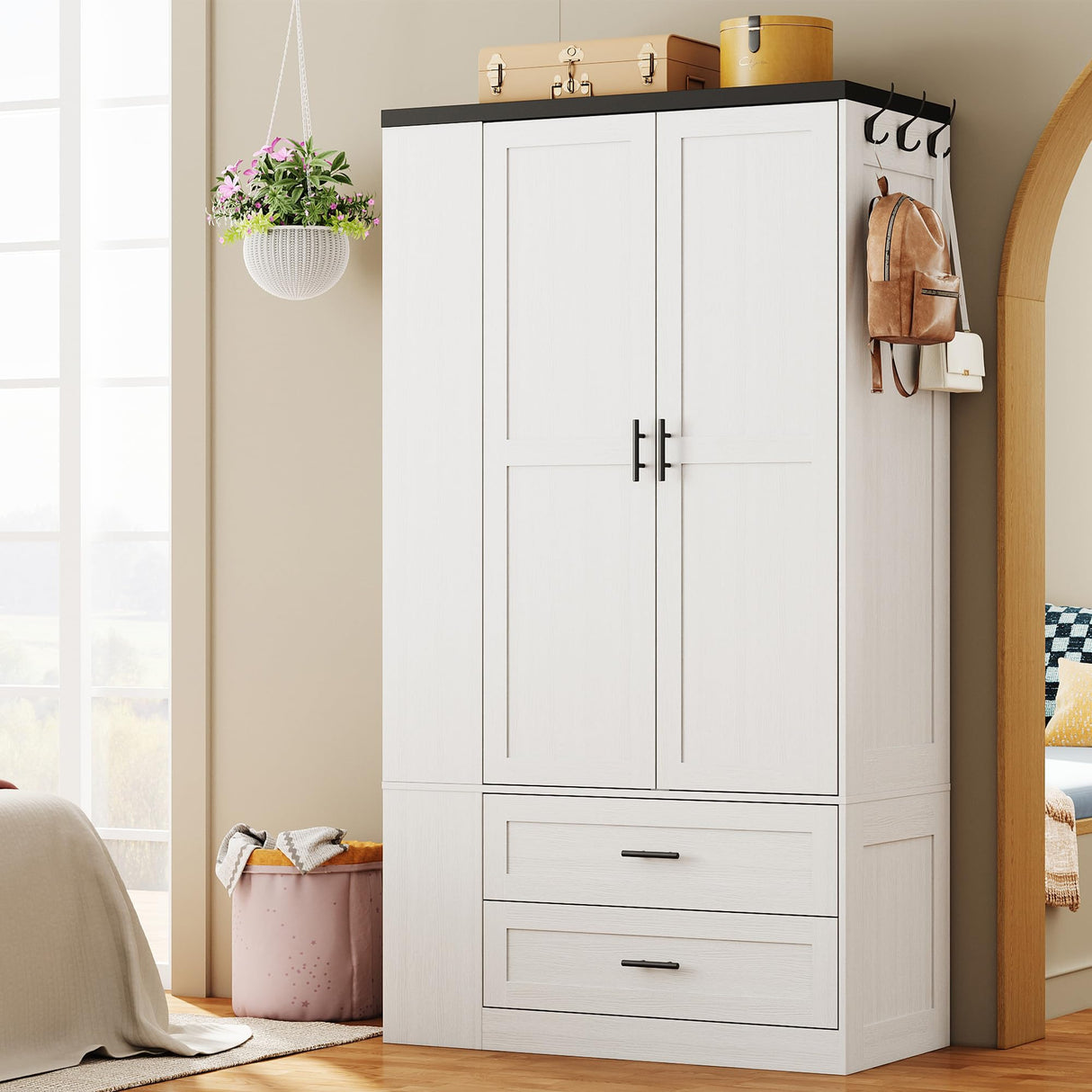 LIKIMIO Armoire Wardrobe Closet with Large Mirror, Storage Cabinet with 2 Doors and 2 Drawers, 2 Storage Shelves, 70" Wardrobe Cabinet for Bedroom,White LIKIMIO