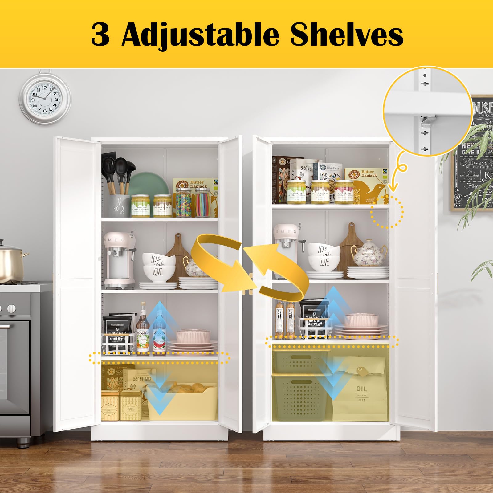 Kitchen Cabinet Storage,60”Metal Pantry Cabinet with Doors and 3 Adjustable Shelves,Food Pantry Cabinets with 2 Gold Handles,White Tall Storage Cabinet for Livingroom,Pantry,Bathroom,Kitchen - WoodArtSupply