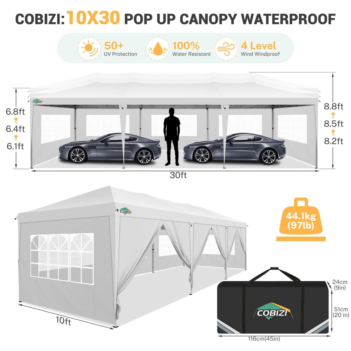 COBIZI 10x30 Pop Up Canopy Tent with 8 Removable Sidewalls Waterproof Commercial Instant Shelter Outdoor Party Tent Portable Canopy Tent for Parties with Carry Bag and 4 Sandbags (White, 10'x - WoodArtSupply