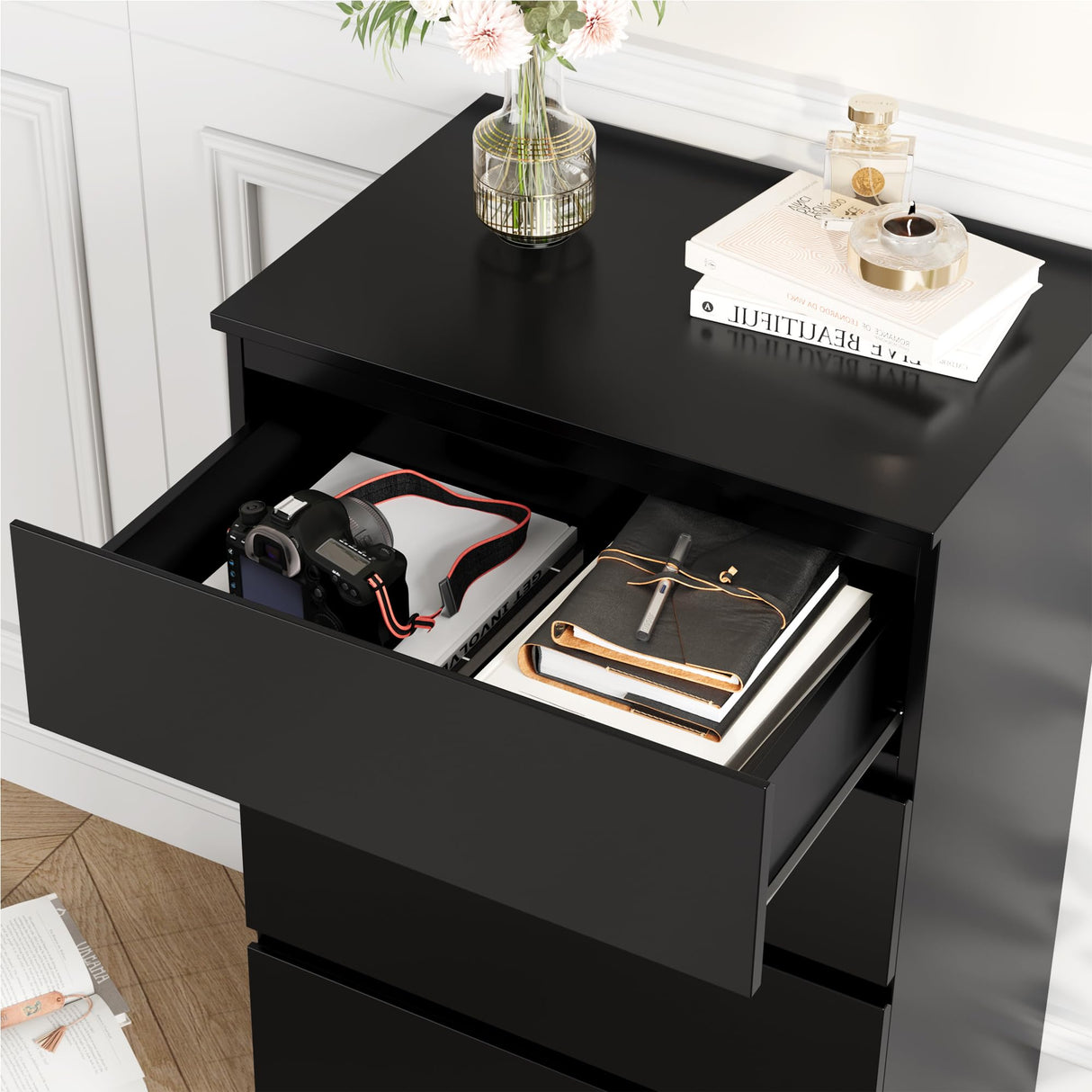 FOTOSOK Black Dresser, 5 Drawer Dresser Tall Black Dresser with Large Storage Space, Modern Storage Chest of Drawers, 23.6L x 17.6W x 39.1H Inch Storage Organizer Cabinet for Home, Black FOTOSOK
