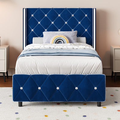 HOMBCK Twin Bed Frames, Upholstered Platform Bed with Diamond Tufted Headboard, Modern Velvet Bed Frame with Wingback Design, No Box Spring Needed, Easy Assembly, Blue