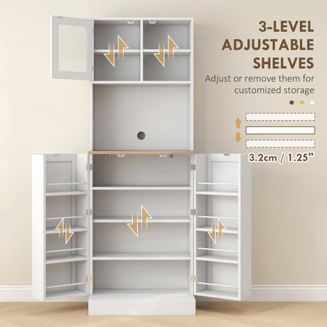 HOMCOM 66.5" Pantry Cabinet with Microwave Stand, Freestanding Kitchen Storage Cabinet with Hutch, 8 Door Shelves, Adjustable Shelves, Food Pantry Cabinet for Dining Room, White HOMCOM