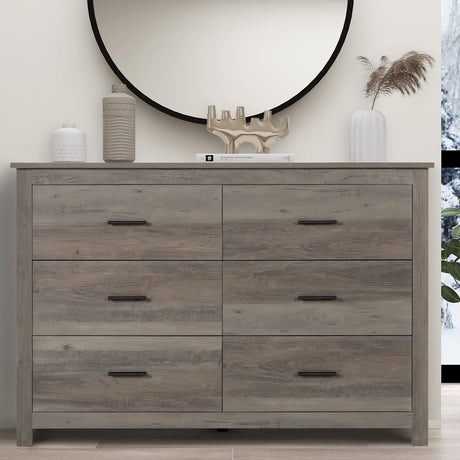 Vikiullf 6 Drawer Dresser - Farmhouse Dressers for Bedroom, Wooden Double Dresser, Storage Dressers Organizer for Bedroom, Living Room, Hallway, Entryway, Horizontal Dresser, Grey Vikiullf