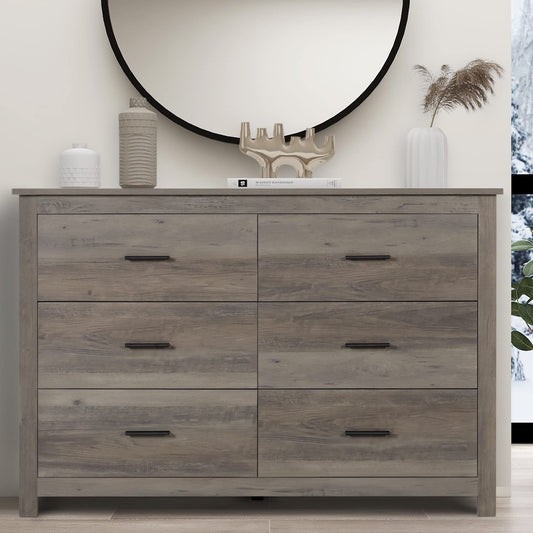 Vikiullf 6 Drawer Dresser - Farmhouse Dressers for Bedroom, Wooden Double Dresser, Storage Dressers Organizer for Bedroom, Living Room, Hallway, Entryway, Horizontal Dresser, Grey - WoodArtSupply