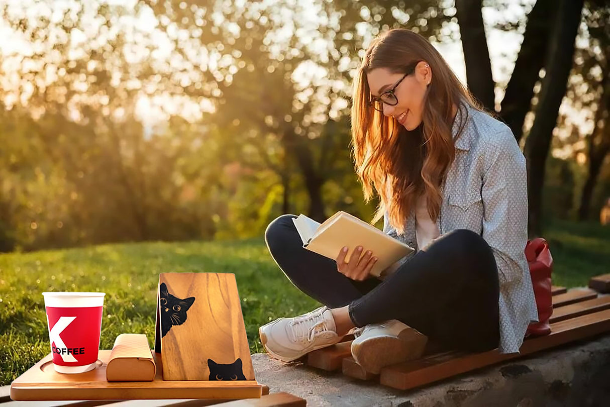Small Bookshelf, Triangle Book Holder, Wood Book Rest for Home Study Bedroom Nightstand Desk or Table Centerpiece Decor iPad & Pen Holder for Book Lover, Coaster for Coffee and Tea Adeerus