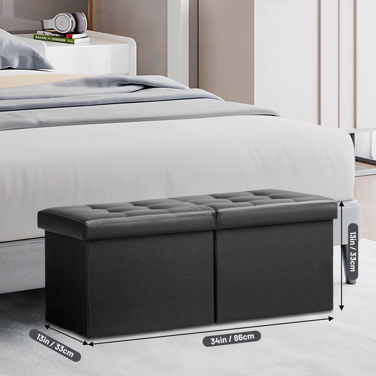 AmasSmile Footrest Ottoman Bench with Storage,34Inch Black Leather Footstool, Coffee Table, Padded Seat, Storage Chest,Blanket Store with Flipping Lid for Livingroom and Bedroom AmasSmile