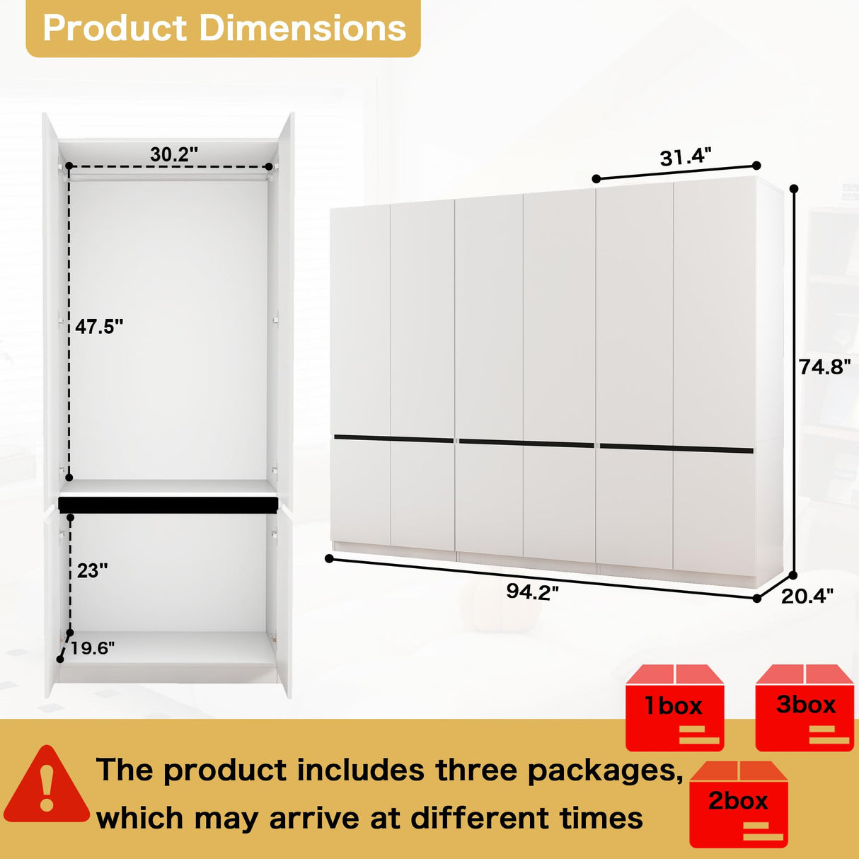 LABROSKIA White Armoire Wardrobe Closet: 74" Wooden Wardrobe Closet with 6 Doors, Bedroom Armoires with Hanging Rod, Tall Closets Cabinet for Hanging Clothes (94.5") LABROSKIA