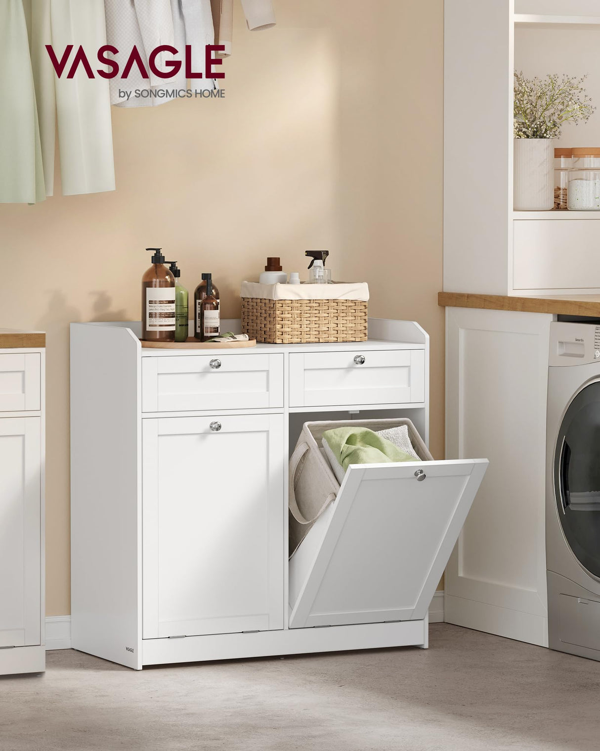 VASAGLE Bathroom Laundry Cabinet with Basket, with 2 Drawers and 2 Hidden Laundry Hampers, Freestanding, Tilt-Out Laundry Baskets with Handles, 31.1 x 15.8 x 31.5 Inches, Cloud White UBBC751W01 VASAGLE
