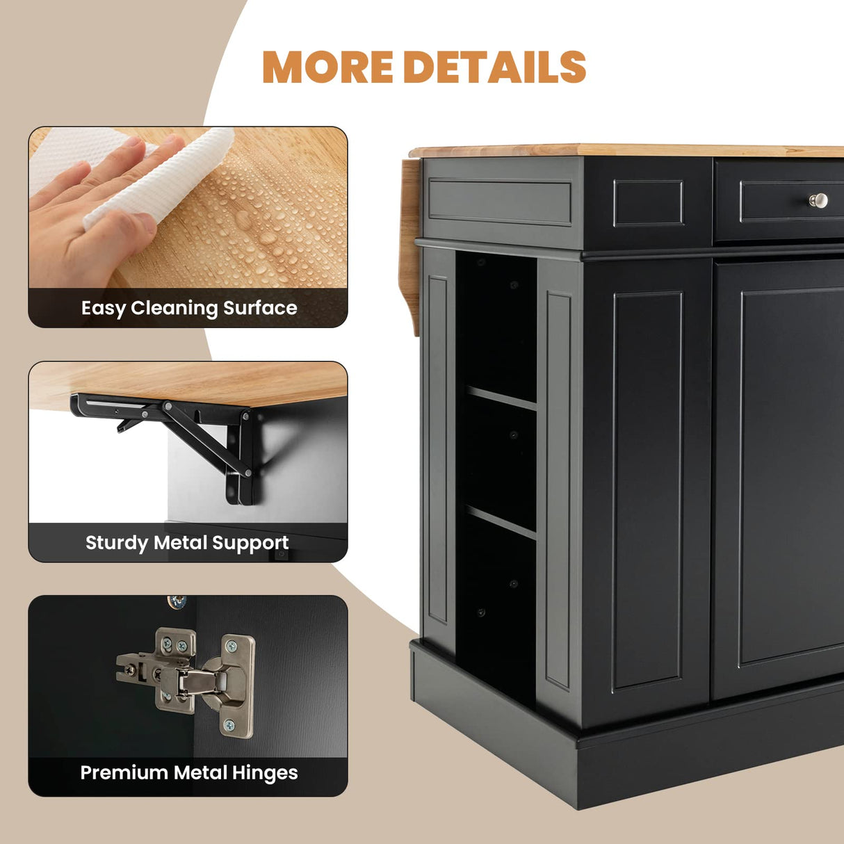LOKO Black Kitchen Island with Drop Leaf, Storage Cabinet, Adjustable Shelves & Drawers LOKO